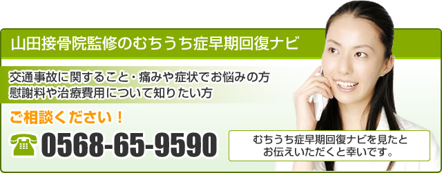 山田接骨院監修のむちうち症早期回復ナビ 交通事故に関すること・痛みや症状でお悩みの方 慰謝料や治療費用について知りたい方ご相談ください！ 0568-65-9590 むちうち症早期回復ナビを見たとお伝えいただくと幸いです。